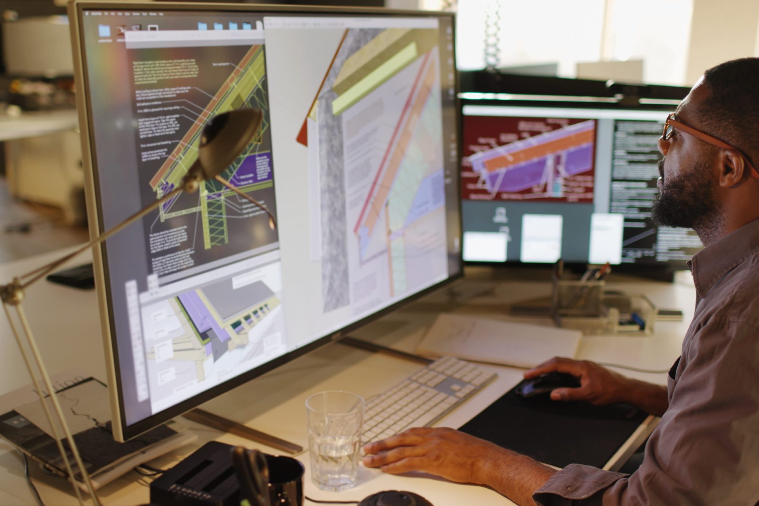 Stock Photograph of an African American / Afro-Caribbean male working with large computer screens & compute Aided design. He’s designing built in insulation structures in domestic homes .